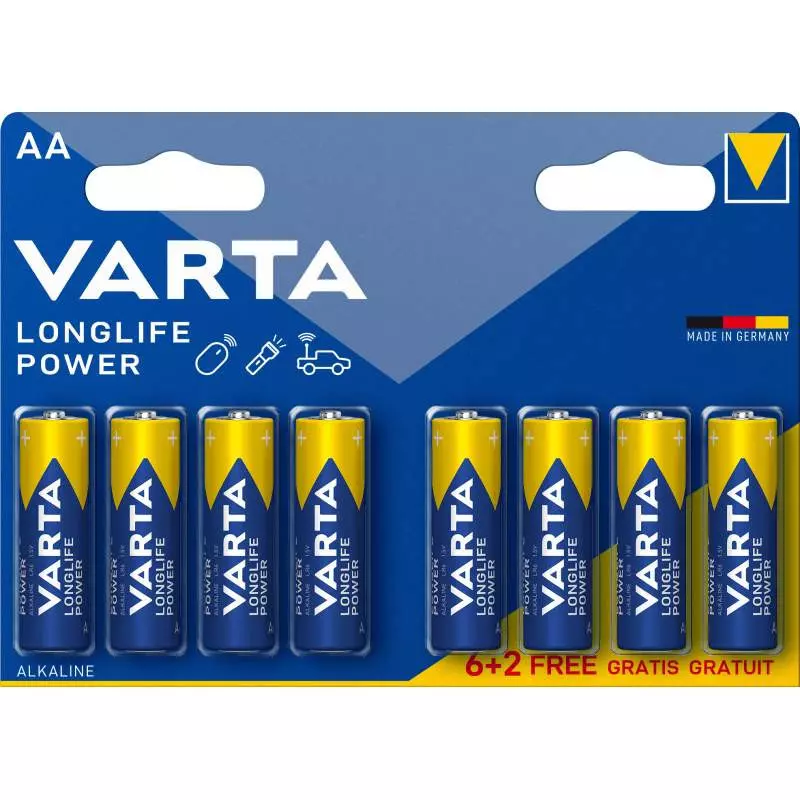  6+2 Piles Alcalines AA / LR6 Varta LongLife Power - BRICODEAL - 546597	