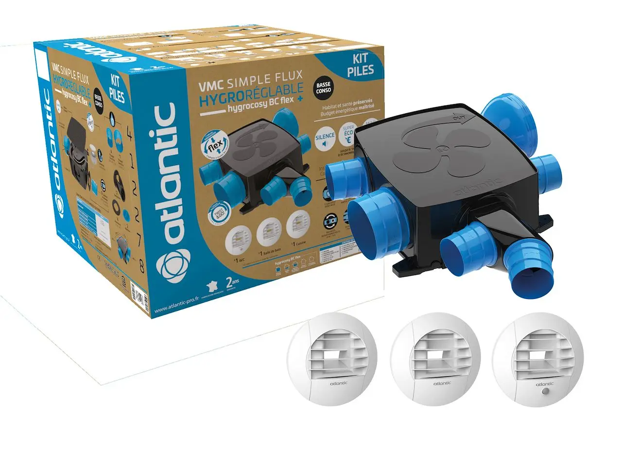 Kit piles Hygrocosy BC FLEX + VMC hygro basse conso plat 6 sanitaires (3 bouches) - ATLANTIC - 412278