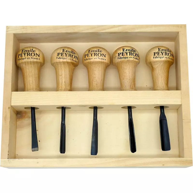 Coffret de 5 gouges de sculpteur - Manche bois - EMILE PEYRON - 1116 Coffret de 5 gouges de sculpteur - Manche bois - EMILE PEYRON - 1116