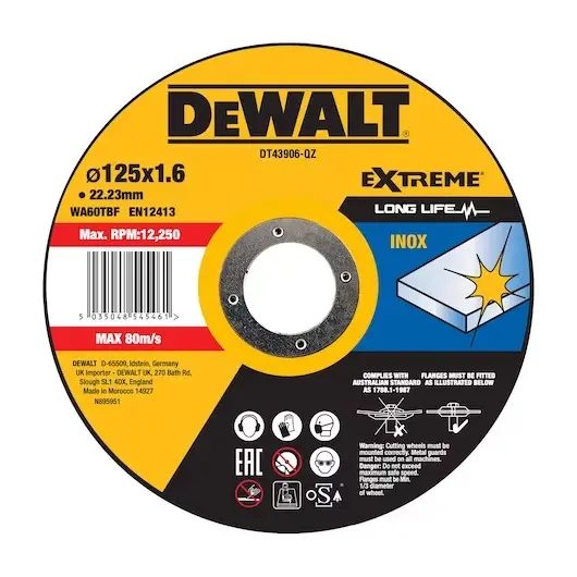 Disque à tronçonner l'inox 125 x 22.2 mm épais.1,6 mm Moyeu plat - DEWALT - DT43906-QZ