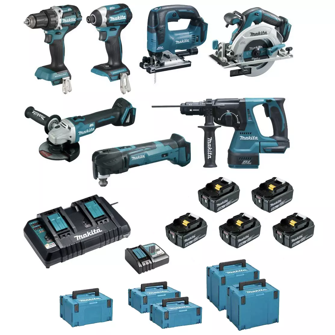 Pack de 7 machines 18V - Perceuse DDF484 + Visseuse DTD154 + Meuleuse DGA506 + Scie DHS680 + Perfo DHR243 + Découpeur DTM51 + Scie DJV182 - MAKITA - avec 5 batteries 18V 5Ah + 2 chargeurs rapide + 5 MAKPAC - DLX7014PTJ Pack de 7 machines 18V - Perceuse DDF484 + Visseuse DTD154 + Meuleuse DGA506 + Scie DHS680 + Perfo DHR243 + Découpeur DTM51 + Scie DJV182 - MAKITA - avec 5 batteries 18V 5Ah + 2 chargeurs rapide + 5 MAKPAC - DLX7014PTJ