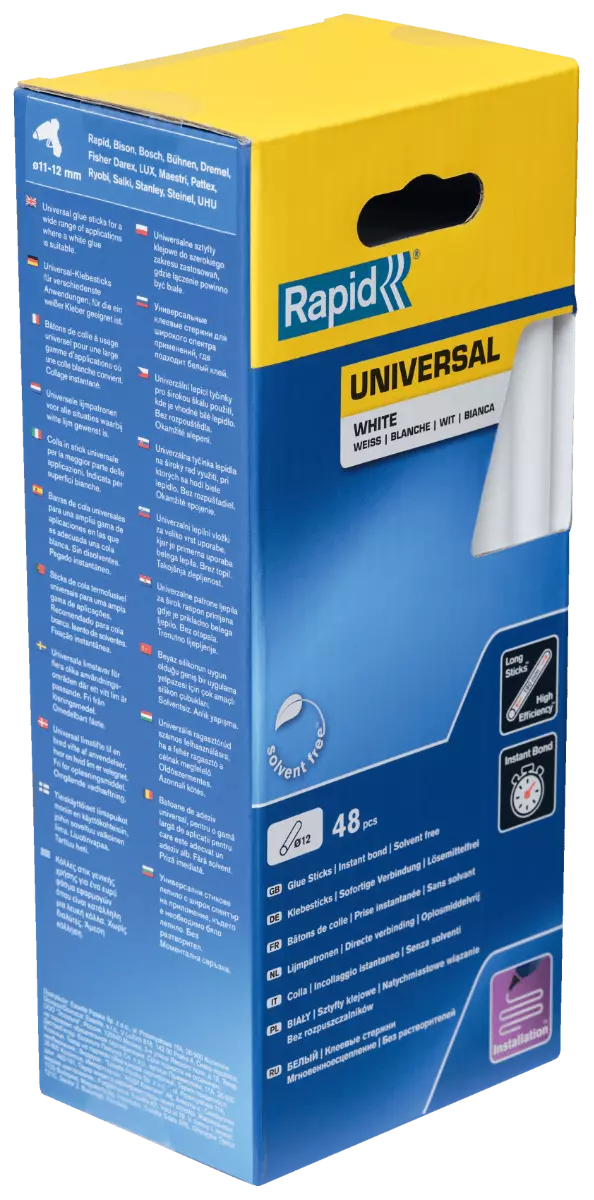Bâtons de colle Blanche Universelle 190 mm x 48 Sticks - Boite - RAPID-ISABERG - 5001412 Bâtons de colle Blanche Universelle 190 mm x 48 Sticks - Boite - RAPID-ISABERG - 5001412