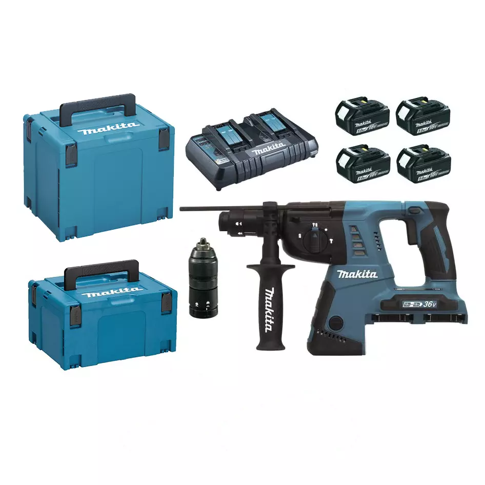 Perforateur-Burineur SDS+ 36V (2x18V) - 2.5J - MAKITA - avec 4 batteries 5Ah + 1 chargeur rapide + 2 MakPak + accessoires - DHR264PT4J Perforateur-Burineur SDS+ 36V (2x18V) - 2.5J - MAKITA - avec 4 batteries 5Ah + 1 chargeur rapide + 2 MakPak + accessoires - DHR264PT4J