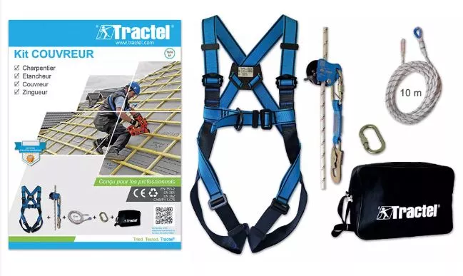 Kit couvreur TRACTEL harnais + antichute + corde 10 m - 70162 Kit couvreur TRACTEL harnais + antichute + corde 10 m - 70162