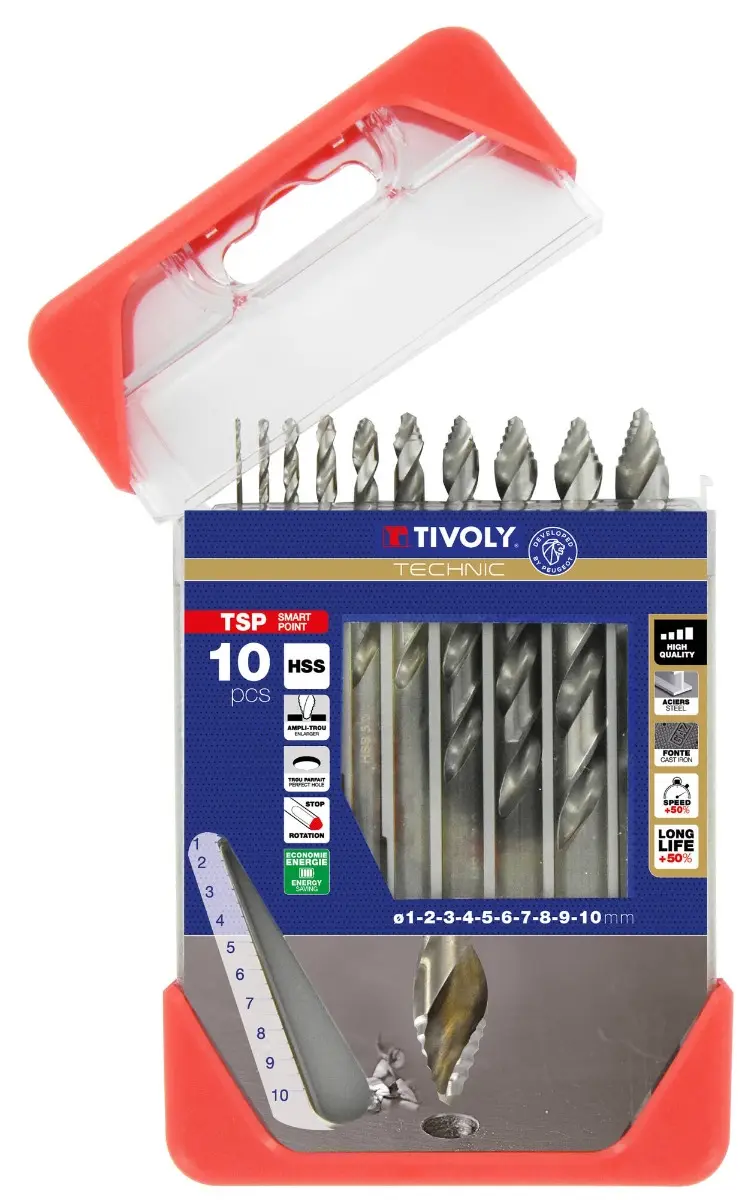 10 forets métaux Premium TSP HSS taillés meulés - affûtage étagé - Ø 1 à 10 mm - TIVOLY - 11457070001