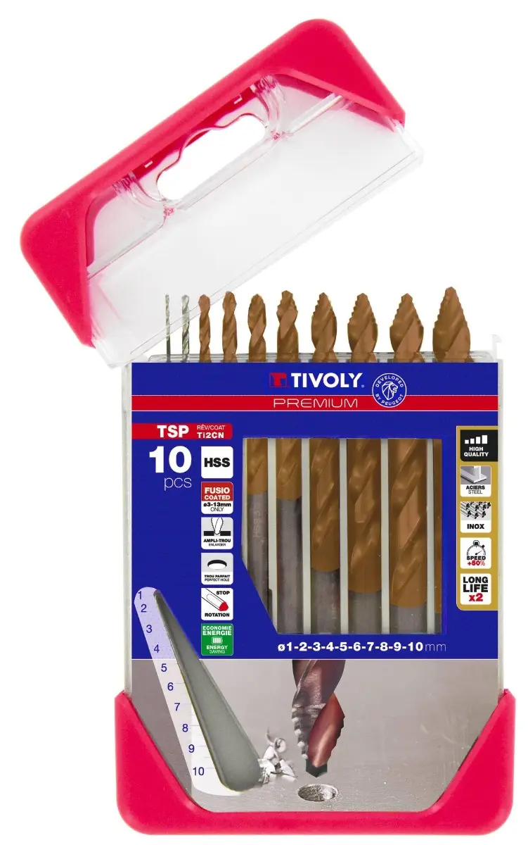 10 Forets métaux TSP HSS taillés meulés revêtus FUSIO - affûtage étagé - Ø 1 à 10 mm - TIVOLY - 11457170001